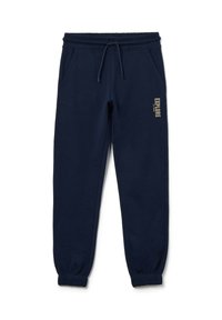 Pantalon de jogging bleu marine avec ceinture élastique et poignets. Comprend des poches latérales et le texte "EXPLORE" en doré sur la jambe gauche. Texture de tissu douce.