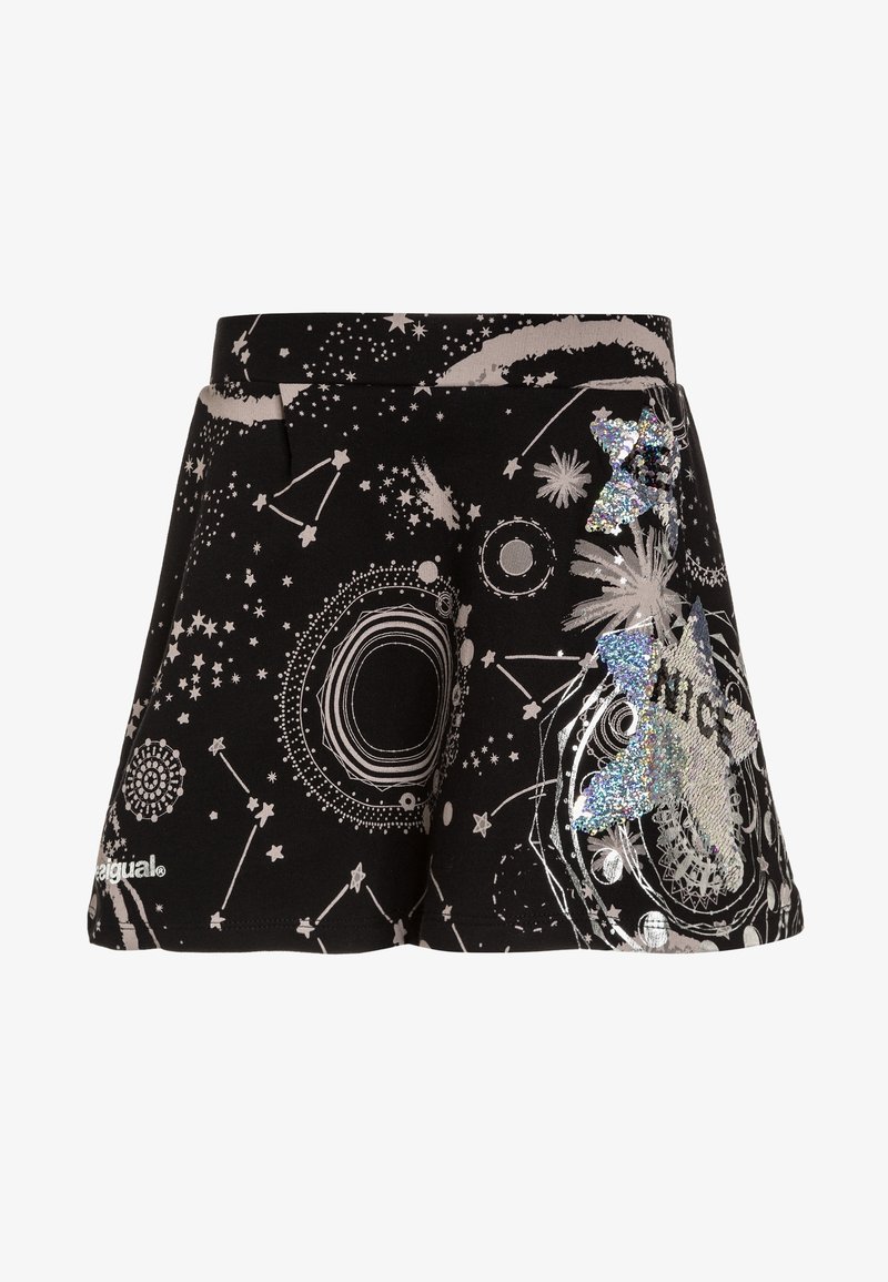 Shorts noirs avec un imprimé galaxie en argent et blanc, accentués par une étoile sequins et le mot "NICE" affiché en évidence.