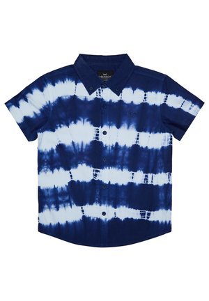 Short-sleeve button-up shirt featuring a navy and white tie-dye pattern, made of cotton with a collared neckline and front buttons.