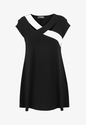 Black dress with cap sleeves featuring a white diagonal stripe across the chest; made from a smooth, stretch fabric with an A-line silhouette.