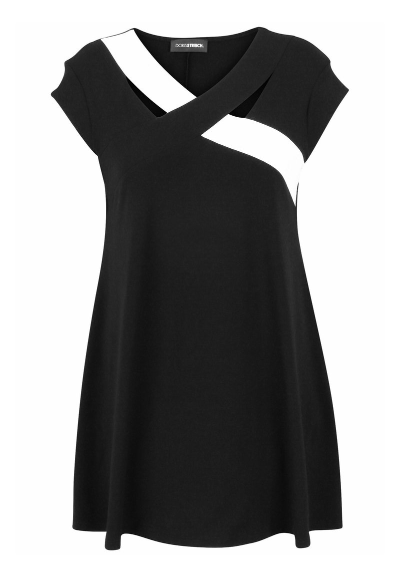 Black dress with cap sleeves featuring a white diagonal stripe across the chest; made from a smooth, stretch fabric with an A-line silhouette.