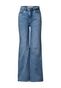 Svetle modré široké džíny vyrobené z denimu s vysokým pasem, s knoflíkovým zapínáním, předními kapsami a prošívanými detaily.