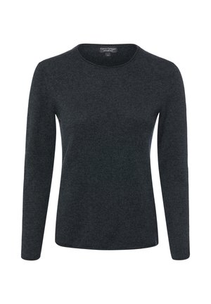 Dunkelgrauer Langarm-Pullover mit Rundhalsausschnitt aus reinem Kaschmir, schmaler Passform und ohne sichtbare Muster oder Verzierungen.
