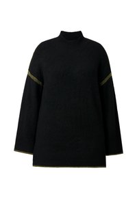 Czarny, oversize sweter z wysokim kołnierzem, długimi rękawami i złotymi akcentami w postaci ściegów wzdłuż ramion i dołu. Miękka tekstura.