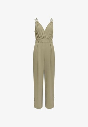 Khaki jumpsuit met een diepe V-hals, dunne straps, geplooid ontwerp en knopenaccenten op de taille en boorden. Glad, textuurstof.