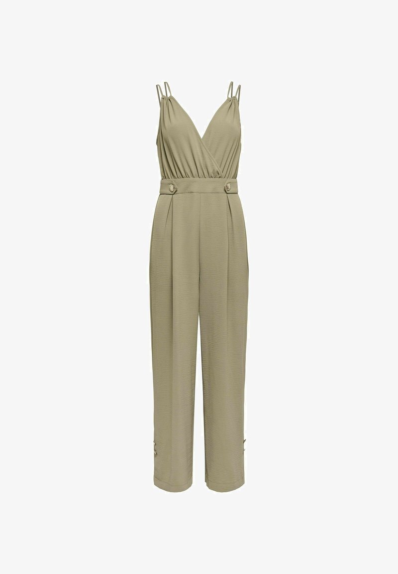 Khaki jumpsuit med dyp V-hals, tynne stropper, plisserte design og knappdetaljer ved midjen og mansjettene. Glatt, teksturert stoff.