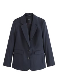 Blazer bleu marine cintré avec revers en encoche, deux boutons devant, poches à rabat et manches longues, présenté sur fond blanc.