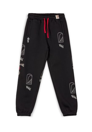 Schwarze Baumwoll-Sweatpants mit rotem Kordelzug, die verschiedene weiße Grafiken und Muster aufweisen, darunter Treppen und Logos an den Beinen.