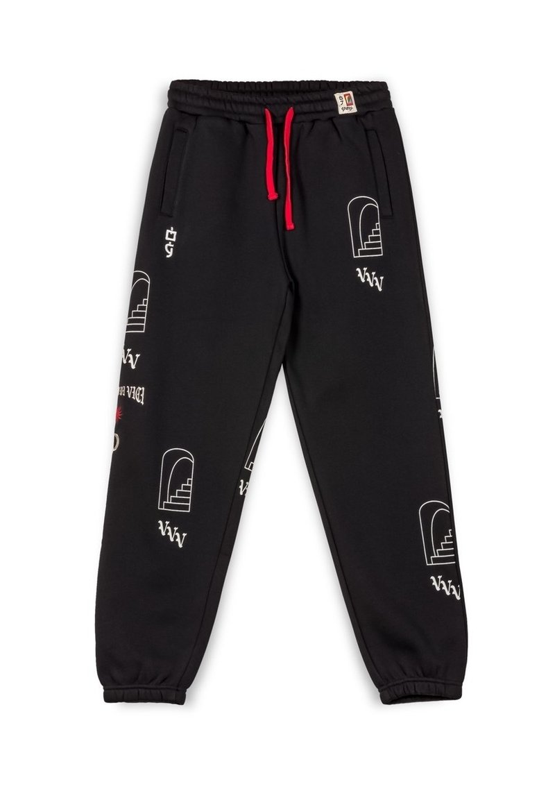 Schwarze Baumwoll-Sweatpants mit rotem Kordelzug, die verschiedene weiße Grafiken und Muster aufweisen, darunter Treppen und Logos an den Beinen.