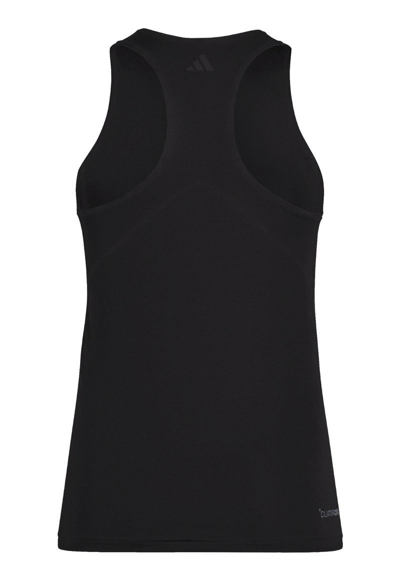 Svart atletisk linne med racerback-design, tillverkat av lätt material. Har "Climacool"-logotypen på den nedre högra delen.