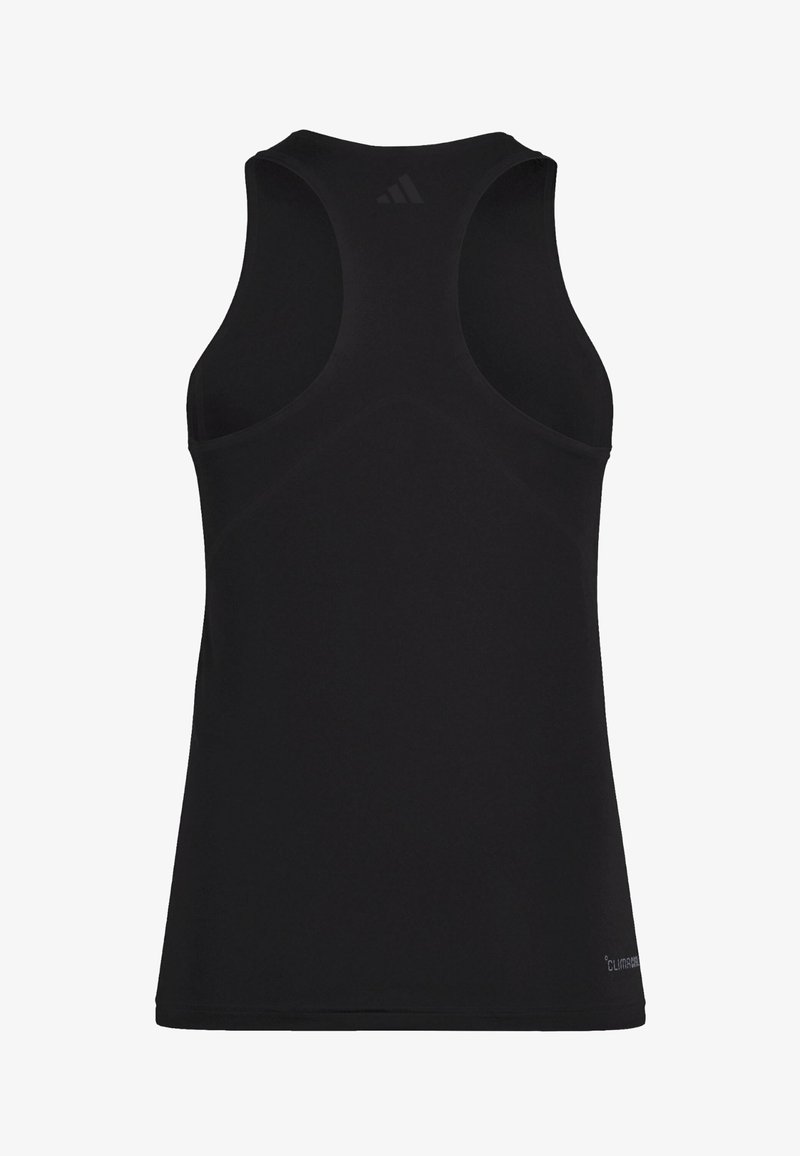 Top deportivo negro sin mangas con diseño de espalda nadadora, hecho de material ligero. Presenta la marca "Climacool" en la parte inferior derecha.