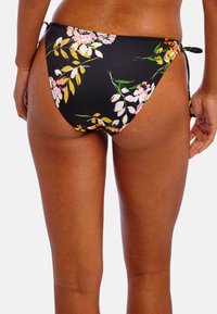 Černé bikinové kalhotky s barevnými květinovými a listovými vzory; mají boční vázání a hladkou texturu; těsně padnoucí design.