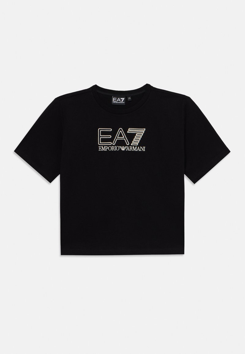 T-shirt de algodão preto com decote redondo, mangas curtas e logotipo bordado EA7 Emporio Armani em dourado e branco na parte da frente.