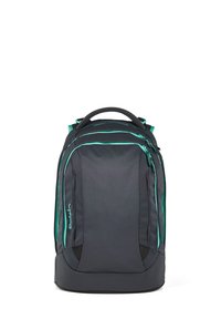 Black and teal backpack with multiple zippered compartments and a padded top handle, standing upright on a white background.