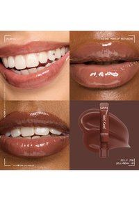 Glossy brown lip gloss applied on diverse lips shown in three close-ups, with a tube of NYX Jelly Job lip gloss in shade Jellybean 16.