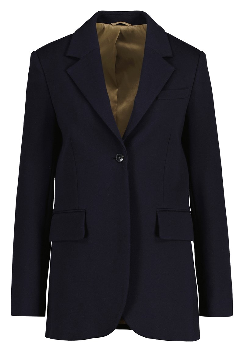 Marineblazer aus Wolle, mit einem einzelnen Knopf, Reverskragen, zwei Fronttaschen und einem kontrastierenden beigen Futter.