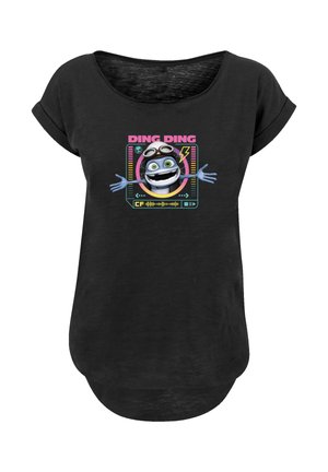 Schwarzes T-Shirt mit kurzen Ärmeln, das einen bunten Grafdruck mit einer Cartoonfigur, dem Text "DING DING" und Akzenten in Pink und Türkis zeigt.