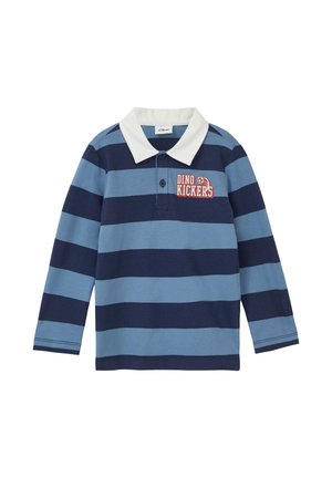 Polo à manches longues rayé en marine et bleu clair. Doté d'un col blanc et d'un motif "DINO KICKERS" sur le devant. Matériau en coton.