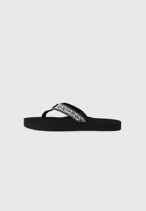 Svart flip-flop sandal med teksturert gummisåle, stoffrem med et mønstret preg, og et minimalistisk design.