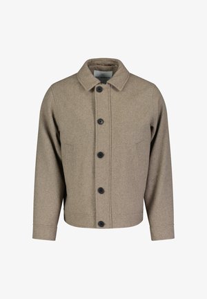 Braune Wolljacke mit Kragen, vorderem Knopfverschluss und langen Ärmeln. Verfügt über eine einzelne Tasche auf der linken Seite.