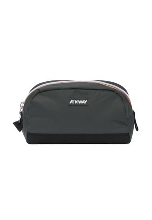 Borsa cosmetica rettangolare nera con cerniera, logo K-Way sul davanti e manico in tessuto su entrambi i lati.