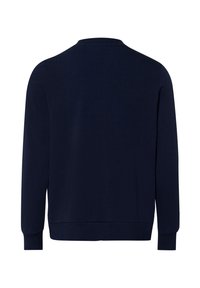 Sudadera de color azul marino, de manga larga, con diseño de cuello redondo, fabricada en un tejido suave, con puños y dobladillo acanalados, que presenta un color sólido sin patrones.