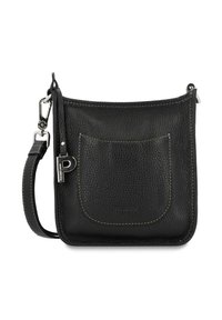 Schwarze Leder-Crossbody-Tasche mit strukturierten Oberflächen, Reißverschluss an der Oberseite, Fronttasche und verstellbarem Trageriemen. Mit silbernen Hardware-Elementen.