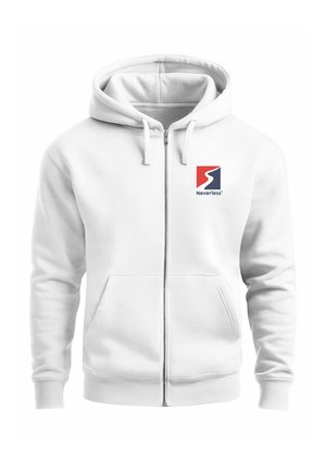 Weißer Reißverschluss-Hoodie mit einer vorderen Tasche, Kapuze mit Kordelzug und kleinem blauen und roten "Neverless"-Logo auf der linken Brust. Weicher Stoff.