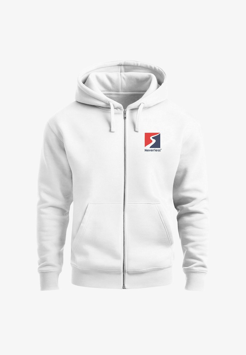 Weißer Reißverschluss-Hoodie mit einer vorderen Tasche, Kapuze mit Kordelzug und kleinem blauen und roten "Neverless"-Logo auf der linken Brust. Weicher Stoff.