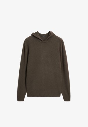 Brun hætte-trøje med V-hals design. Lavet af blødt strikket materiale, med lange ærmer og ribkantede manchetter og søm.