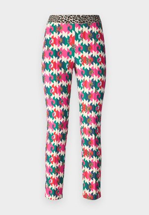 Colorful patterned leggings featuring a geometric design in pink, green, and white, with a leopard print waistband for added detail.