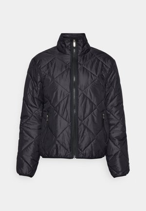 Chaqueta de plumas negra acolchada con un alto cuello, cierre frontal con cremallera y dos bolsillos laterales. Material ligero con una textura suave.