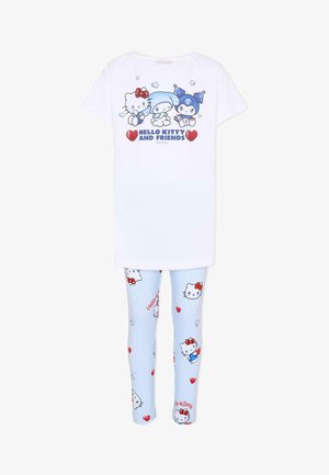 T-shirt en coton blanc avec un motif "Hello Kitty et ses amis" ; leggings à rayures bleues ornés de motifs Hello Kitty et de cœurs.