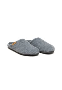 Gray felt slippers with a soft texture, open back design, rounded toe, and a small tan label on the side. Flat rubber soles.