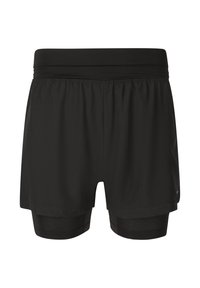 Zwarte sportshorts met aansluitende compressieshorts eronder en een losse buitenste laag, ontworpen voor hardlopen of trainingsprestaties.