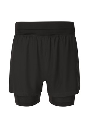 Musta urheilushortsi, jossa on istuvat sisäiset puristushousut ja löysä ulkokerros, suunniteltu juoksuun tai harjoitteluun.