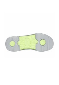 Suela de zapato en goma gris con un inserto de amortiguación amarillo-verde redondeado, que presenta patrones texturizados y acentos en relieve para mejorar la tracción.