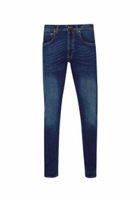Mörkblå smala jeans i denim med blekningseffekter, fem fickor och knappstängning. Slät yta med lätta slitageeffekter.