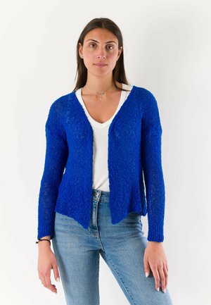 Donna in piedi di fronte, indossa un cardigan blu strutturato sopra una maglietta bianca a scollo a V e jeans azzurri chiari su sfondo bianco.
