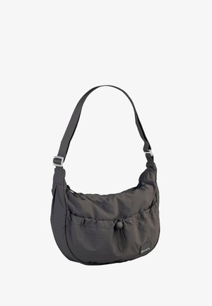 Gray nylon shoulder bag with a gathered design, adjustable strap, and logo patch. Features a toggle closure and smooth texture.