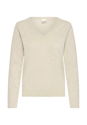 Bēša, ar garām piedurknēm un V veida izgriezumu džemperis ar mīkstu struktūru. Vienkāršs dizains ar ribotu aproču un apakšmalu, uzraksts redzams pie apkakles.