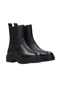 Zwarte leren Chelsea-boots met een gestructureerde afwerking, elastische zijpanelen en twee trekflappen. Chunky rubberen zool met een profiel voor grip.