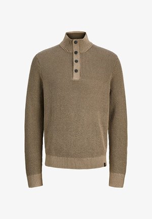 Maglione lavorato a maglia in marrone chiaro con colletto a coste e patta con quattro bottoni. Presenta un tessuto testurizzato e polsini e orlo a coste.