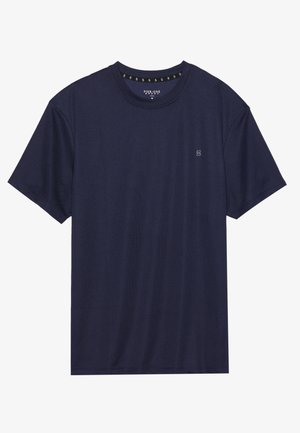 Navy blue short-sleeve T-shirt made of soft fabric, featuring a round neckline and a small logo on the left chest.