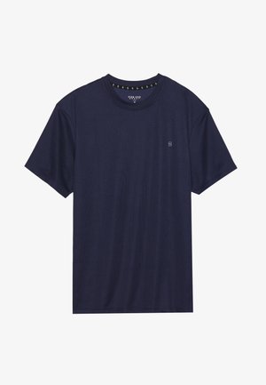 Marineblaues T-Shirt mit kurzen Ärmeln aus weichem Stoff, mit rundem Ausschnitt und kleinem Logo auf der linken Brust.