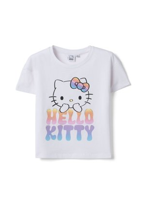 Maglietta bianca per bambini con la faccia di Hello Kitty con un fiocco arcobaleno e il testo "HELLO KITTY" in colori pastello sfumati.