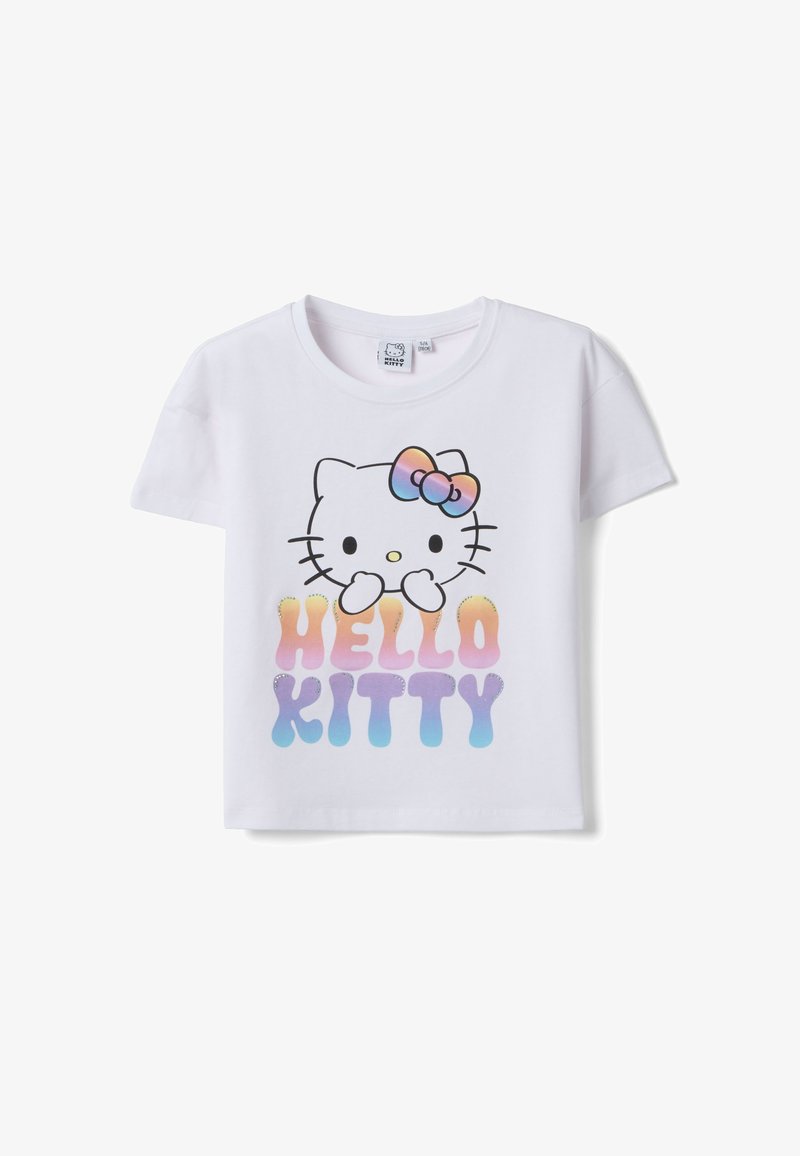 T-shirt blanc pour enfants avec le visage de Hello Kitty, un nœud arc-en-ciel et le texte « HELLO KITTY » en couleurs dégradées pastel.