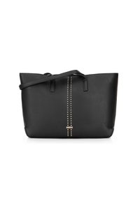 Black tote bag with double handles, vertical gold studs down the center, and small gold logo plate at the bottom middle.