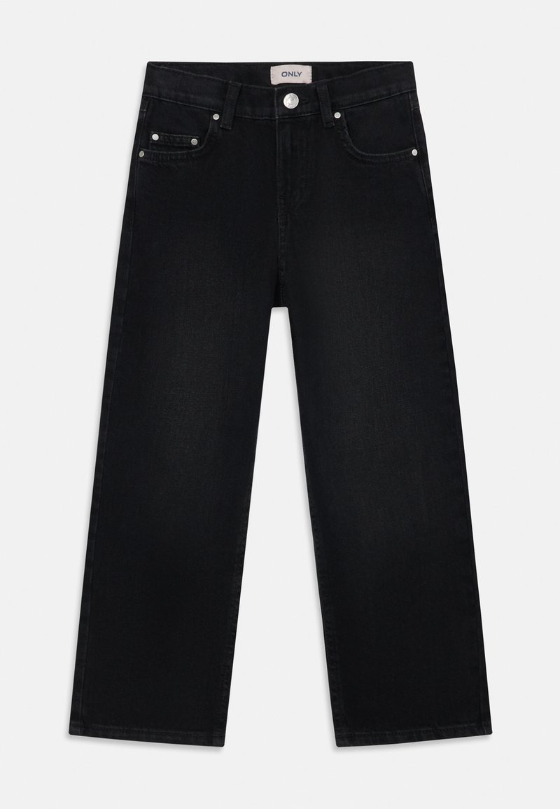 Calças de ganga pretas com um design de perna reta, estilo de cinco bolsos e fecho frontal com botão. O tecido tem uma textura suave.