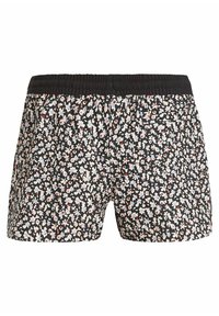 Pantaloni corti con stampa floreale su sfondo nero, caratterizzati da piccoli fiori bianchi, rosa e blu. Vita elastica per il massimo comfort.